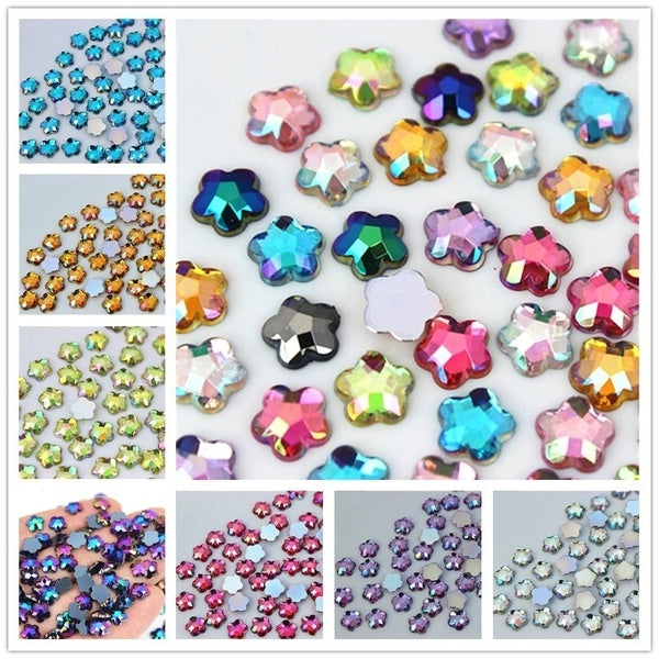 100pcs 8mm Flower Acrylic Rhinestone AB Crystal Stones Flat Back 3D Nail Art for Crafts Decorations