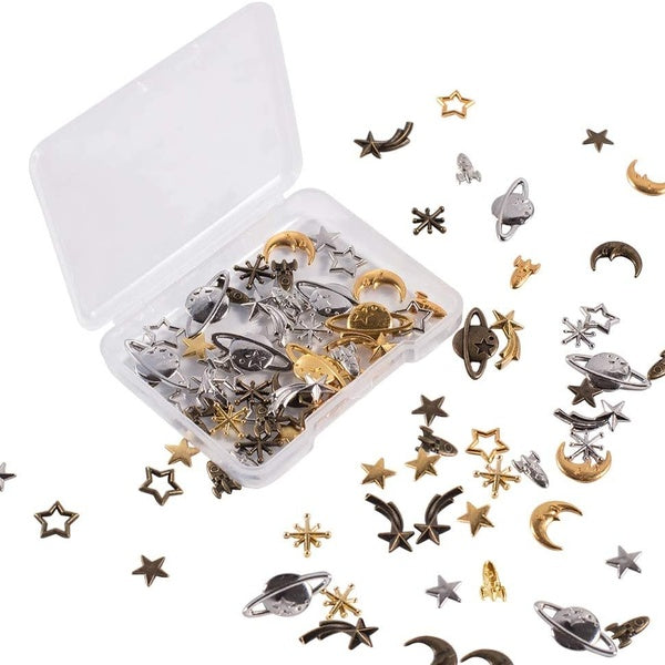 35g Cosmos Themed 3-Color Alloy Epoxy Resin Supplies Star Moon Spaceship Filling Accessories for Resin Jewelry Making Matron Inn