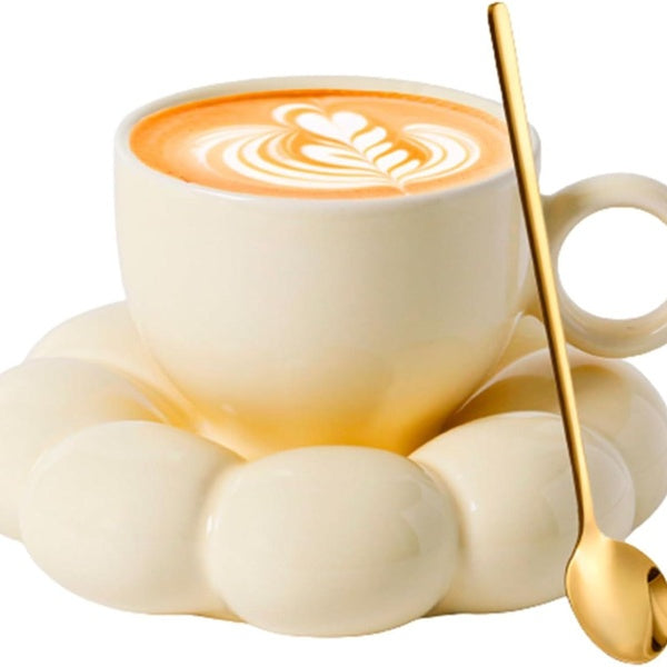 Cloud Mug Ceramic Coffee Mug with Sunflower Coaster- Novelty Coffee Mug Set with Saucer Flower Cup- 6.5 oz-200 ml Creative Mug for Latte Milk and Tea