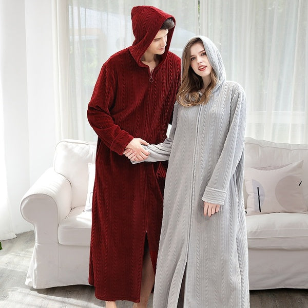 Men and Women New Autumn and Winter Zipper Bathrobe Hooded Plus Fat Plus Night Gown Couple Thickening Pajamas Flannel Nightdress (Size XS-5XL)