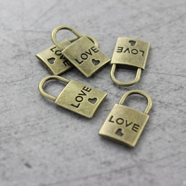 12 pcs aAntique Bronze Small Letter Love Heart Lock Charms Filigree Double Sided
