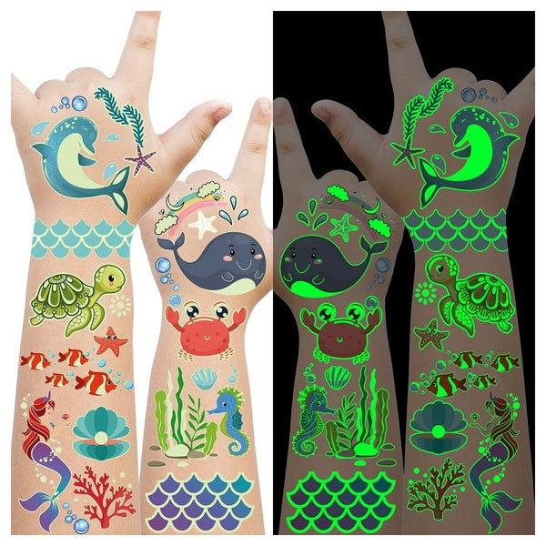 Luminous Under the Sea Birthday Party Decorations, 145 Styles Glow Temporary Tattoos for Kids, Under the Sea Ocean Beach Pool Party Supplies Favors,
