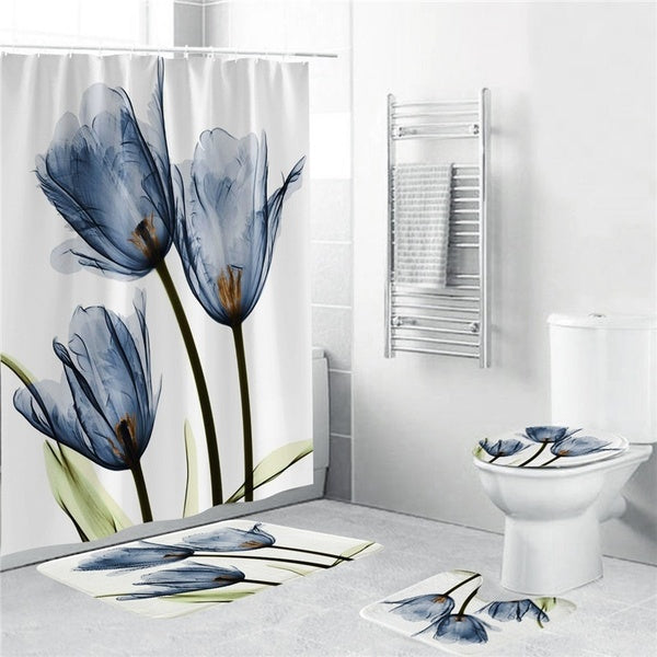 Blue Tulips Flowers Pattern Bathroom Decoration Waterproof Bathroom Shower Curtain Set Bathroom Mats Rugs Carpets