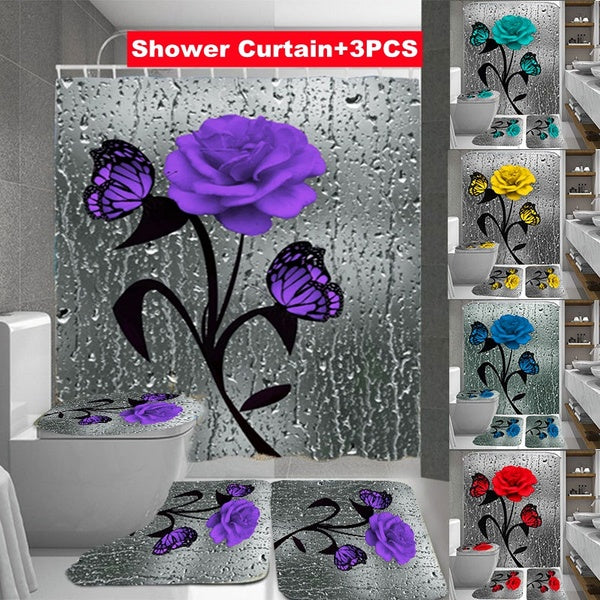 3D Butterfly Rose Fashion Bathroom Decoration Waterproof Bathroom 4 Size Shower Curtain or Non-slip Bathroom Carpet or 3pcs Toilet Cover set or 1pcs
