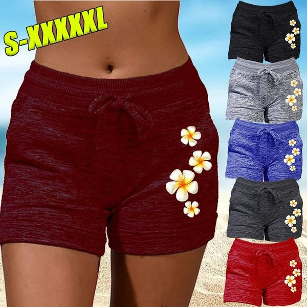 Womens Fashion Summer Outdoor Sports Pants Casual High Waisted Lace Up Drawstring Women Shorts Ladies Flower Pattern Printed Running Yoga Short Pants