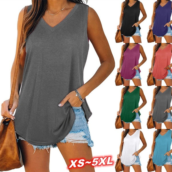 Women's Fashion Summer Clothes Casual V-neck Sleeveless Tops Solid Color Ladies Loose T-shirts Cotton Tank Tops Blouses Plus Size XS-5XL