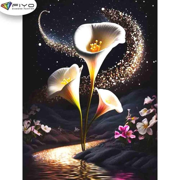 FIYO White Flowers Diamond Painting Kits For Adults DIY 5D Diamond Mosaic Diamond Painting Home and Kitchen Fashion Canvas Pictures Wall Decoration G