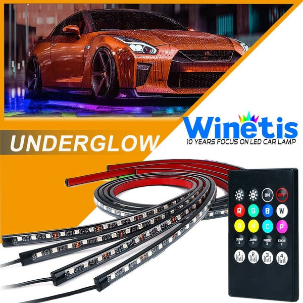 4x RGB LED Strip Under Car Neon Tube Underglow Underbody Lights Télécommande