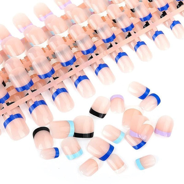 Natural Pink Nude French Fake Nails Squoval Square UV Gel Glossy False Press on Nails Blue White Black Head for Girl Full Cover Wear Finger Nail Art