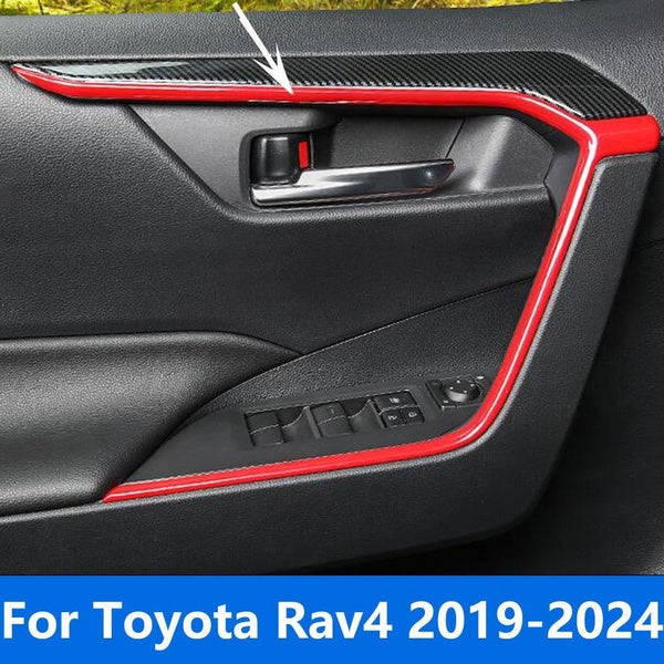 For Toyota Rav4 Rav 4 2019 2020 2021 2022 2023 2024 Matte-Carbon Fiber Style- Wood Grain Color-Red Interior Door Armrest Handle Cover Molding Trim De