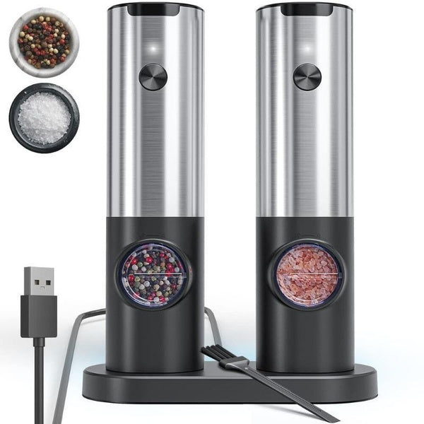 Electric Salt and Pepper Mill Set with Rechargeable Base, Stainless Steel Salt Mill with Adjustable Coarseness, Refillable Salt and Pepper Shakers wi