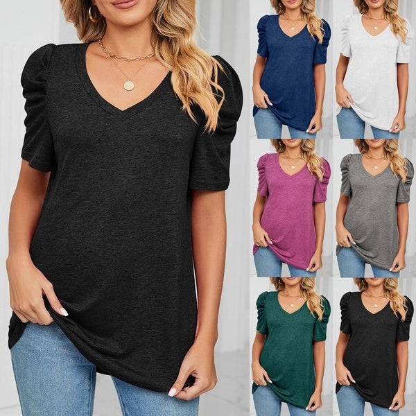 Women's Summer Casual Loose T-shirts Ladies Fashion V Neck Short Sleeve Shirts Pleated Blouses Solid Color Tees Plus Size