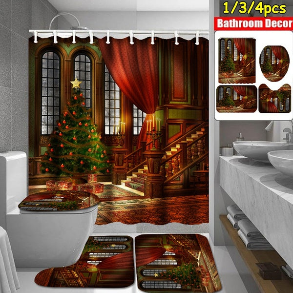 3D Christmas Tree Red Bathroom Shower Curtain Set Waterproof Shower Curtain Non-slip Carpet Pedestal Rug Toilet Seat Cover Shower Curtains Set Christ