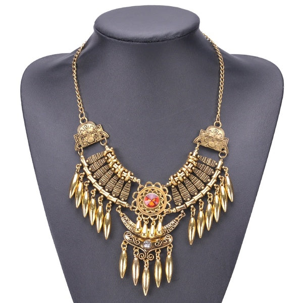 Fashion Boho Big Gem Maxi Statement Necklace Pendants Big Beads Leaf Tassel Collar Choker Necklace Jewelry