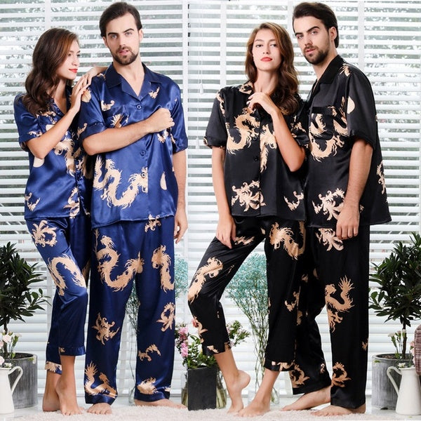 Fashion Men and Women Short Sleeve Silk Pajamas Highly Privileged Dragon Design Two-piece Sleepwear Satin Pajamas Set (5 Colors)