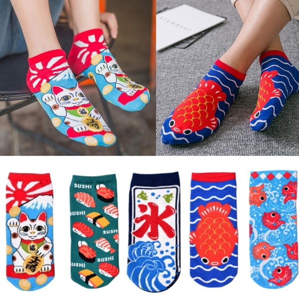 Women's Cute Cartoon Ankle Socks,Funny Classic Low-top Socks,Creative Maneki Neko Lucky Cat-sushi-Japanese-Fish-Art Graphic Novelty Socks,Fashion Lov
