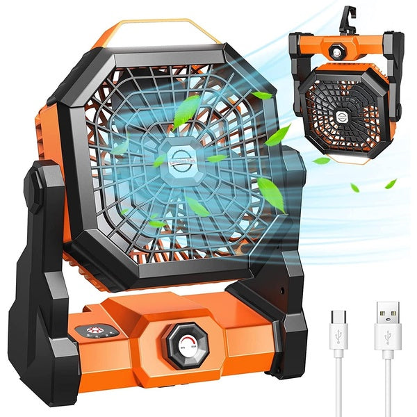 Camping Fan Rechargeable, Battery Powered Fan with LED Lantern, 270° Rotation, USB Battery Operated Tent Fan for Camping with Hook, Portable Personal