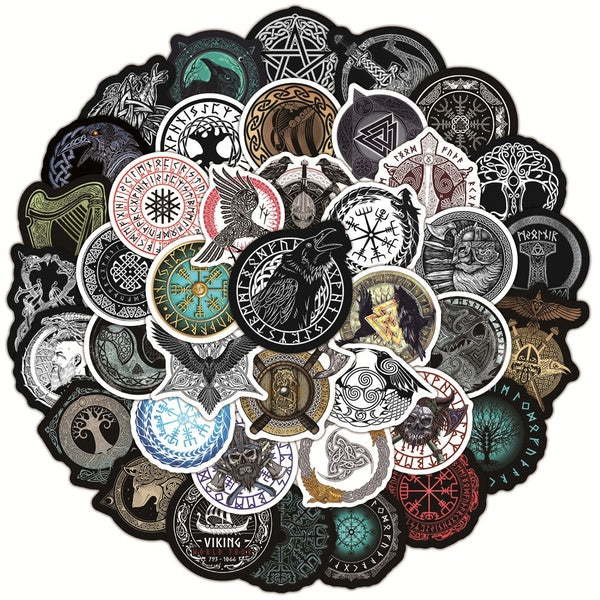 10-20-52pcs Mysterious Viking Pirates Style Stickers Frost Nordic Giant Wolf Defense Totem Symbol Rune graffiti Stickers for DIY Luggage Laptop Bicyc