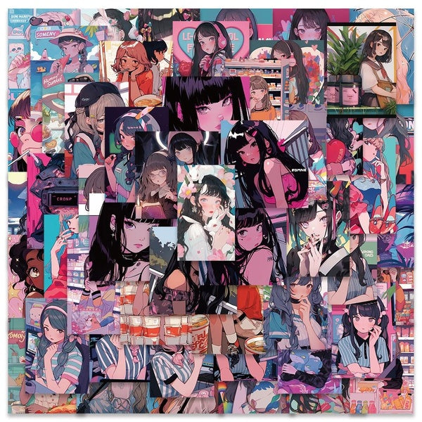 50pcs Cool Retro Cartoon Pop Girls Anime Stickers Pack For Laptop Phone Diary Guitar Luggage DIY Waterproof Graffiti Skateboard Car Vinyl Decals