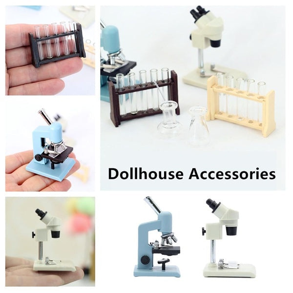 1:12 Dollhouse Mini Microscope-Test Tube Rack Experiment Container Miniatures Collection Doll House Accessories Kids Toy Matron Inn