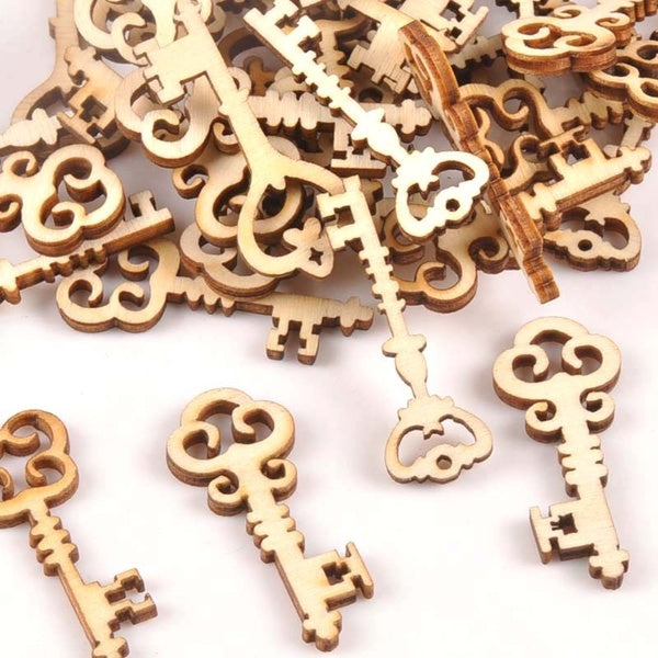 25 Pcs Ornement En Bois Mixte Clé Motif DIY Artisanat Décoration de La Maison Scrapbooking Non Fini Bois Tranches Accessoires