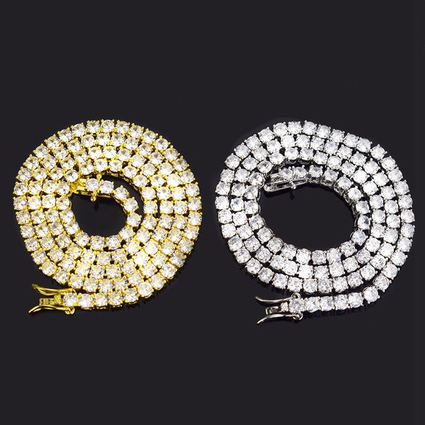 Chaîne de tennis en faux diamant Iced Out pour hommes et femmes en argent doré multicolore largeur 4 mm 18 20 22 24 pouces