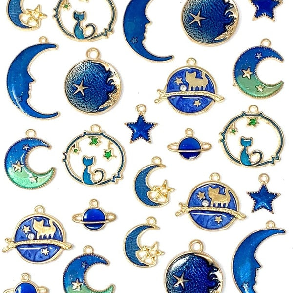 Assortiment de plaqué or émail chat lune étoile céleste charme pendentif bricolage pour boucles d'oreilles collier Bracelet fabrication de bijoux et