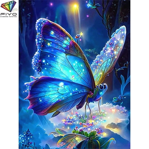 FIYO Blue Butterfly DIY 5D Diamond Painting Full Drill with Number Kits Home and Kitchen Fashion Mosaic Diamond Painting Canvas Wall Decoration Gift