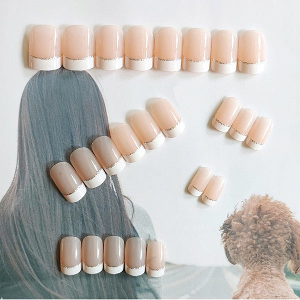 24pcs Short Nude Pink White French False Nail Tips Reusable UV Gel Press on Finished Fake Nails for Home Office Wear