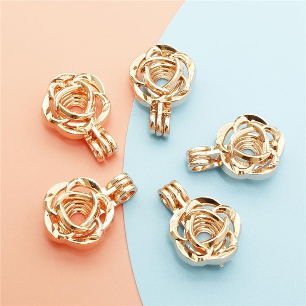 10pcs Rose Gold Flower Flower Pearl Beads Cage Charms Pendant Locket Essential Oil Diffuser Jewelry Wholesale Copper Endant
