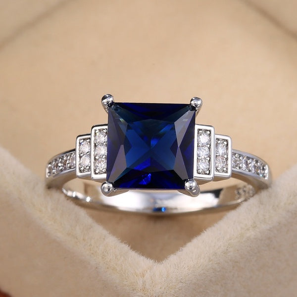 Trendy Square Blue Sapphire Vice Stone Ladder Setting Lab Diamond Silver Plated Ring for Women Engagement Party Ring