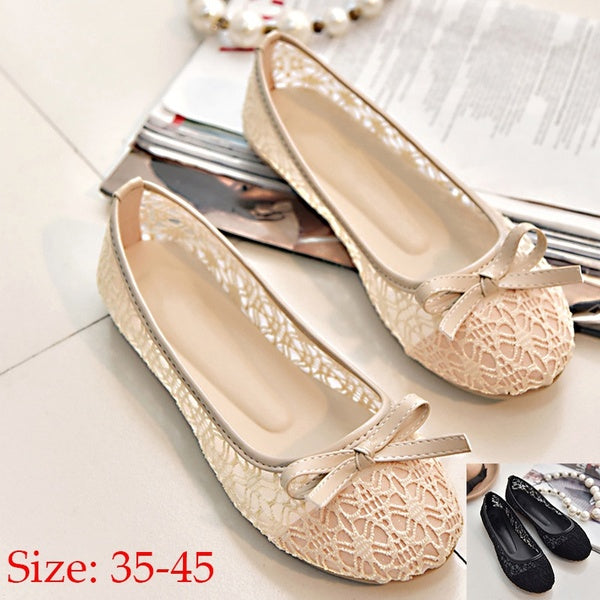 New Women Flats Shoes Ballet Flats Fashion Bow-Knot Women Shoes Slip on Cut Outs Flat Sweet Hollow Summer Female Shoes Plus Size 35-45