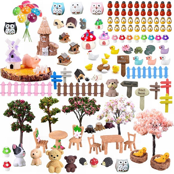 ElpizoFos 132pcs Kit d'accessoires de jardin de fées miniatures animaux miniatures, arbre, clôture, figurines de maison ornement statue artisanat pou