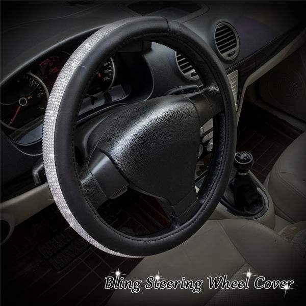 15'' 38cm PU Leather Steering Wheel Cover Protector with Bling Crystal Rhinestones for Women Girl Car Interior Accessories