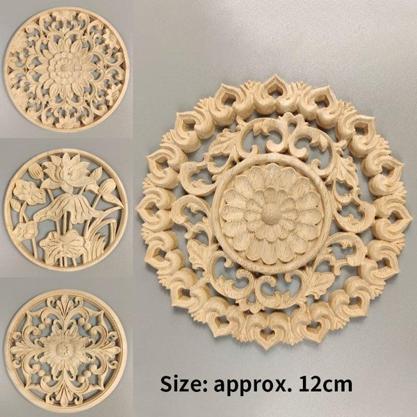 1pc Round Wood Carved Decal Unpainted Applique Wooden Onlay Hollow Flower Branch Furniture Decor