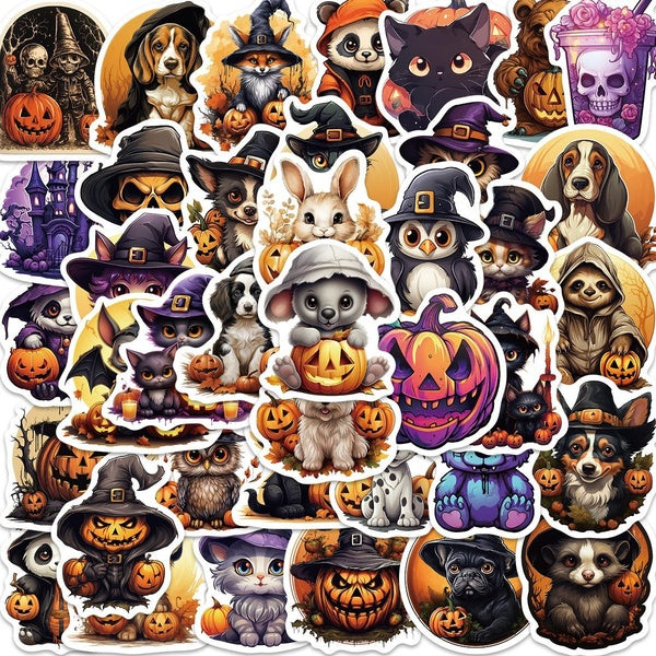 10-50Pcs Cartoon Halloween Stickers Halloween Animals Jack O Lantern Graffiti Stickers for DIY Luggage Laptop Skateboard Motorcycle Bicycle Stickers