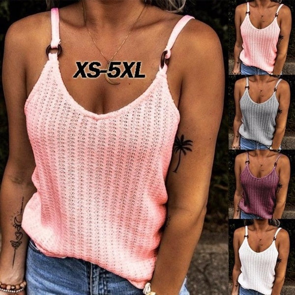 Fashion Summer New Sleeveless Tank Tops for Women V-neck Hollow-out Tank Top Solid Color Casual Spaghetti Strap Tops Plus Size