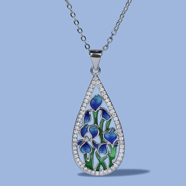 Trendy Teardrop Silver Plated Lab Diamond Green Plants Enamel Pendant Necklace Ladies Daily Casual Personality Necklace Jewelry