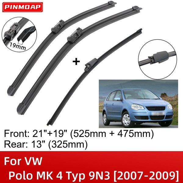 Car Wiper Blades For VW Polo MK 4 Typ 9N3 2007-2009 21" 19" 13" Front Rear Wiper Blades Brushes Cutter Accessories 2007 2008 2009