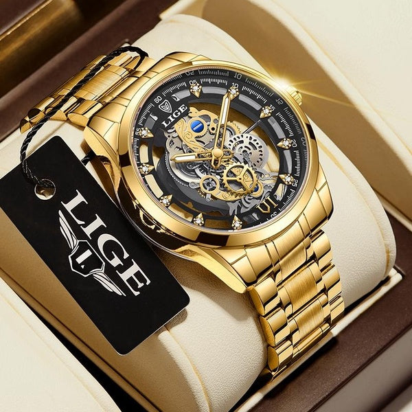 LIGE montres d'affaires de luxe pour hommes creux étanche haut de sport marque montre hommes montre à Quartz Relogio Masculino