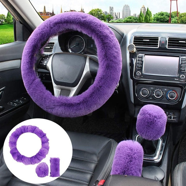 38cm Solid Soft Warm Long Faux Wool Steering Wheel Cover Handbrake Cover Gear Shift Knob Cover Car Accessory Plush Protector Cover Kit