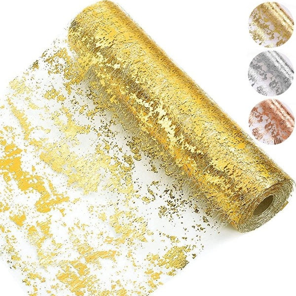 Metallic Gold Table Runner Roll, Glitter Gold Foil Mesh Sequin Tablecloth Decor Table Centerpieces for Party Wedding Holiday Christmas Decorations