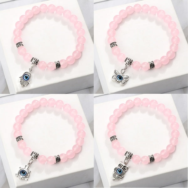 New Evil Eye Lucky Bracelets Quartz Rose Bracelet Cristal Rose Perles De Pierre Naturelle Bracelets Madagascar Perle Ronde Stretch Guérison Amoureux
