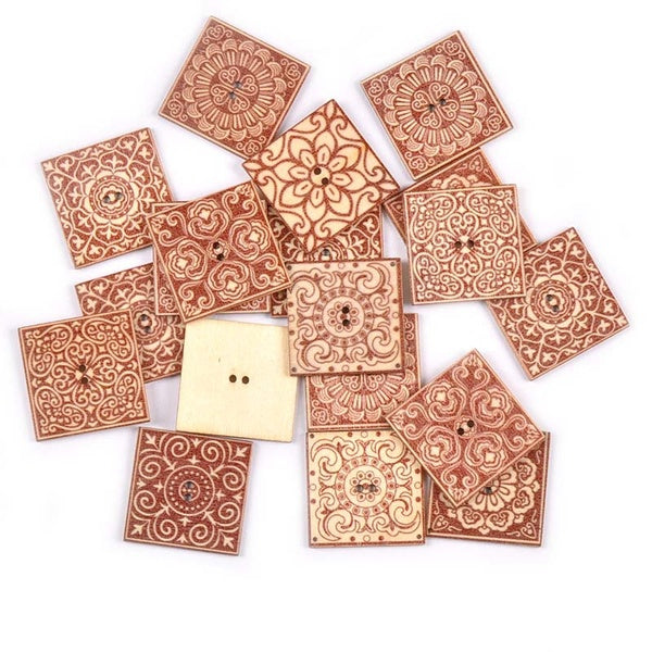 25Pcs 30mm Lace Flower Square Wood Buttons For Clothing DIY Sewing Accessories Scrapbook Crafts Supplies Home Decoration MT2596