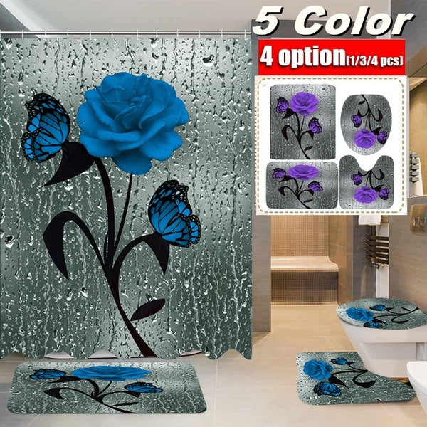 Bathroom Set 3D Printing Butterfly Rose Pattern Waterproof Bathroom Shower Curtain Toilet Cover Mat Non-Slip Floor Mat Rugs Set(Color:Blue-Yellow-Red