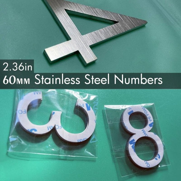 2.36in-60mm Stainless Steel Wall Number Stickers Self-adhesive Metal House Door Numbers Tags For Lockers Address Sign Plates
