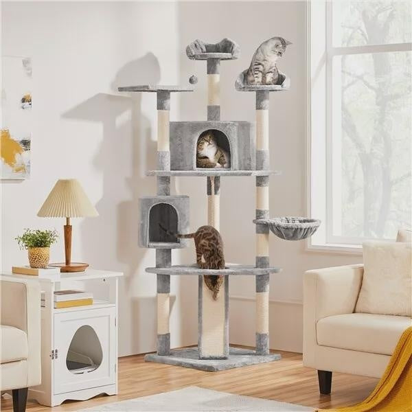 79" Cat Tree Bed Furniture Scratching Tower Post Condo Play Pet House Light Gray