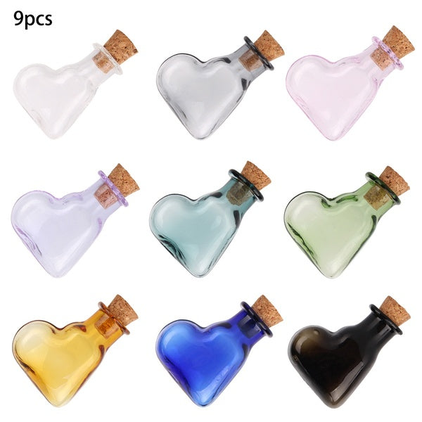 9Colors-Set Mini Glass Heart Bottles with Cork Miniature Vase Tiny Mini Jars Vials Small Containers Decorative Bottles for Gift Art DIY Crafts