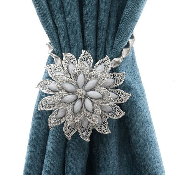 Flower Shaped Curtain Tieback Rings Spring Rhinestone Steel Wire Curtain Buckle Clips Window Holder Home Accessories