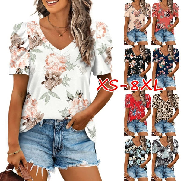 XS-8XL Women's Fashion Summer Clothes Casual V-neck Short Sleeved Tops Ladies Floral Printed Blouses Loose T-shirts Plus Size Cotton Shirts Puff Slee